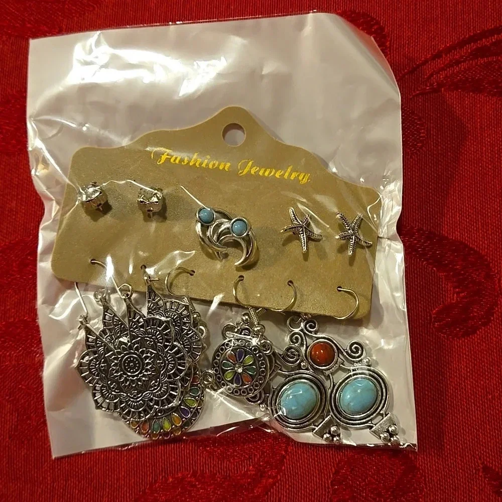 Bohemian Earring 6 pair Set - Turquoise Inlaid Studs & Dangles - Fashion-Forward